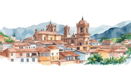 Cusco Historic Center. Cusco Historic Center hand drawn watercolor illustration on white backgroundのイラスト素材