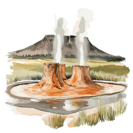 El Tatio Geysers. El Tatio Geysers hand drawn watercolor illustration on white backgroundのイラスト素材