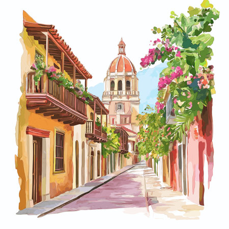 Cartagena Old Town. Cartagena Old Town hand drawn watercolor illustration on white backgroundのイラスト素材