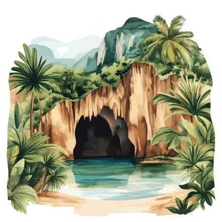 Cueva del Guacharo. Cueva del Guacharo hand drawn watercolor illustration on white backgroundのイラスト素材