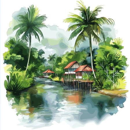 Commewijne River Plantations. Commewijne River Plantations hand drawn watercolor illustration on white backgroundのイラスト素材