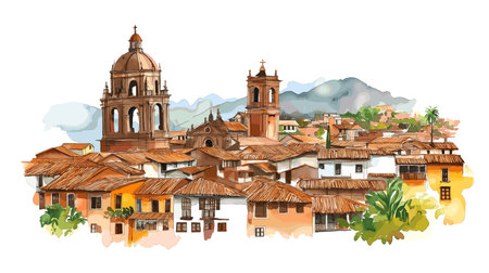Cusco Historic Center. Cusco Historic Center hand drawn watercolor illustration on white backgroundのイラスト素材