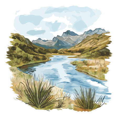 El Cajas National Park. El Cajas National Park hand drawn watercolor illustration on white backgroundのイラスト素材