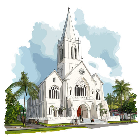 GeorgetownâSt. Georges Cathedral. GeorgetownâSt. Georges Cathedral hand drawn watercolor illustration on white backgroundのイラスト素材