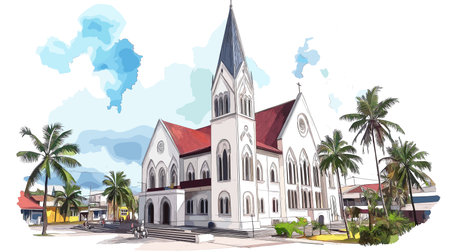 GeorgetownâSt. Georges Cathedral. GeorgetownâSt. Georges Cathedral hand drawn watercolor illustration on white backgroundのイラスト素材