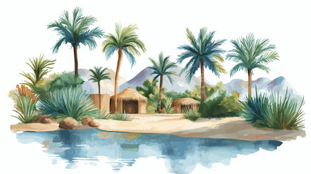 Huacachina Oasis. Huacachina Oasis hand drawn watercolor illustration on white backgroundのイラスト素材