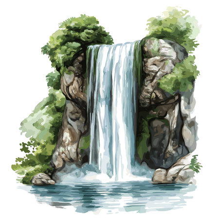 Gocta Waterfall. Gocta Waterfall hand drawn watercolor illustration on white backgroundのイラスト素材