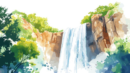 Gocta Waterfall. Gocta Waterfall hand drawn watercolor illustration on white backgroundのイラスト素材
