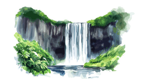 Gocta Waterfall. Gocta Waterfall hand drawn watercolor illustration on white backgroundのイラスト素材