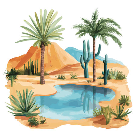 Huacachina Oasis. Huacachina Oasis hand drawn watercolor illustration on white backgroundのイラスト素材
