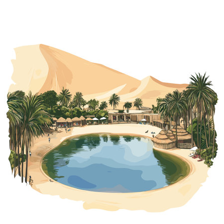 Huacachina Oasis. Huacachina Oasis hand drawn watercolor illustration on white backgroundのイラスト素材