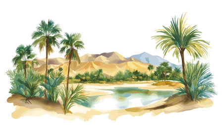 Huacachina Oasis. Huacachina Oasis hand drawn watercolor illustration on white backgroundのイラスト素材