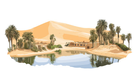 Huacachina Oasis. Huacachina Oasis hand drawn watercolor illustration on white backgroundのイラスト素材