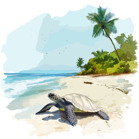 Hattes Beach - Turtle nesting. Hattes Beach - Turtle nesting hand drawn watercolor illustration on white backgroundのイラスト素材