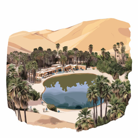 Huacachina Oasis. Huacachina Oasis hand drawn watercolor illustration on white backgroundのイラスト素材