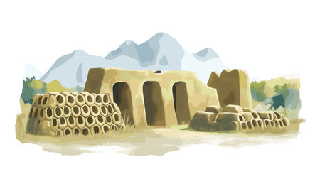 Chan Chan Archaeological Site. Chan Chan Archaeological Site hand drawn watercolor illustration on white backgroundのイラスト素材