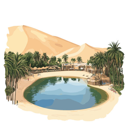 Huacachina Oasis. Huacachina Oasis hand drawn watercolor illustration on white backgroundのイラスト素材