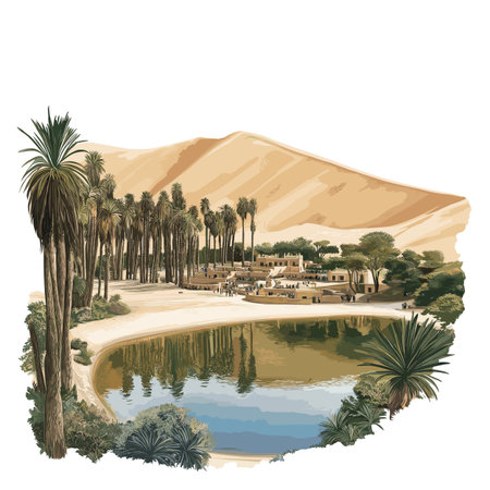 Huacachina Oasis. Huacachina Oasis hand drawn watercolor illustration on white backgroundのイラスト素材