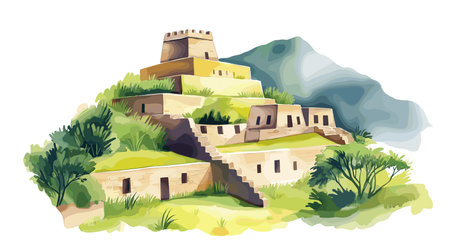 Choquequirao. Choquequirao hand drawn watercolor illustration on white backgroundのイラスト素材