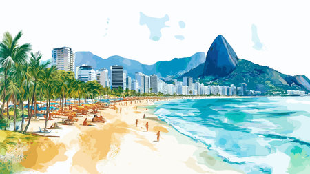 Ipanema Beach. Ipanema Beach hand drawn watercolor illustration on white backgroundのイラスト素材