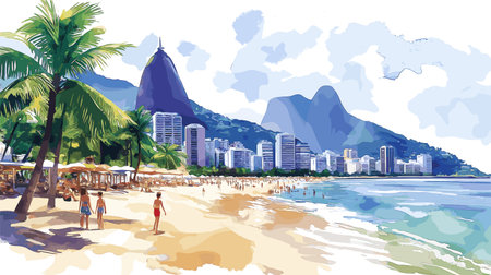 Ipanema Beach. Ipanema Beach hand drawn watercolor illustration on white backgroundのイラスト素材