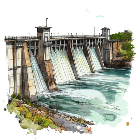 Itaipu Dam. Itaipu Dam hand drawn watercolor illustration on white backgroundのイラスト素材
