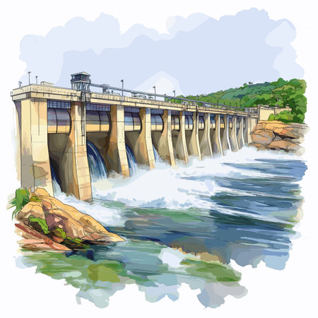 Itaipu Dam. Itaipu Dam hand drawn watercolor illustration on white backgroundのイラスト素材