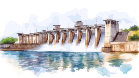 Itaipu Dam. Itaipu Dam hand drawn watercolor illustration on white backgroundのイラスト素材