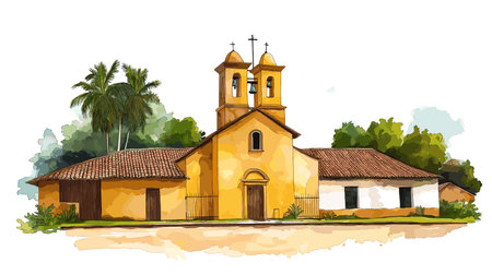 Jesuit Missions of La SantÃ­sima Trinidad. Jesuit Missions of La SantÃ­sima Trinidad hand drawn watercolor illustration on white backgroundのイラスト素材