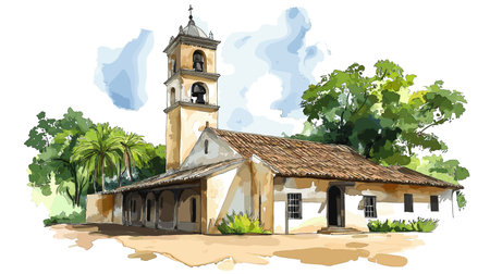 Jesuit Missions of La SantÃ­sima Trinidad. Jesuit Missions of La SantÃ­sima Trinidad hand drawn watercolor illustration on white backgroundのイラスト素材