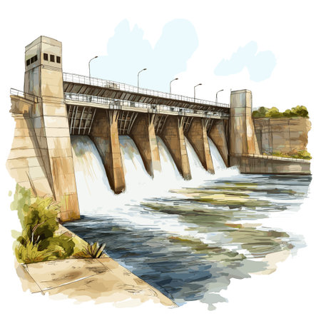 Itaipu Dam. Itaipu Dam hand drawn watercolor illustration on white backgroundのイラスト素材