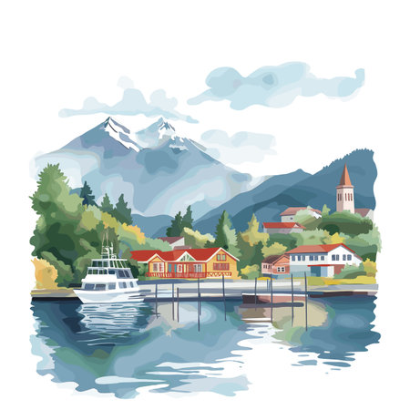 Lake District - Villarrica. Lake District - Villarrica hand drawn watercolor illustration on white backgroundのイラスト素材