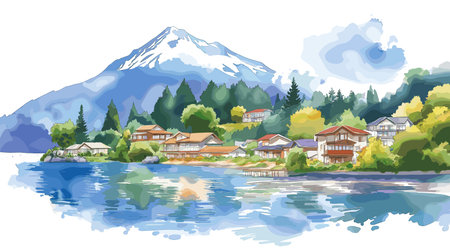 Lake District - Villarrica. Lake District - Villarrica hand drawn watercolor illustration on white backgroundのイラスト素材