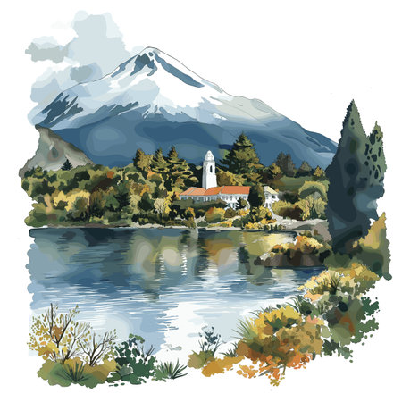 Lake District - Villarrica. Lake District - Villarrica hand drawn watercolor illustration on white backgroundのイラスト素材
