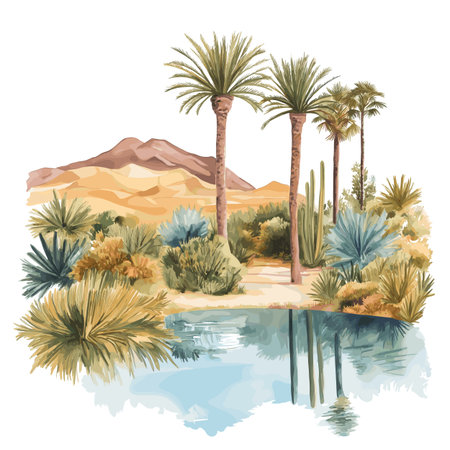 Huacachina Oasis. Huacachina Oasis hand drawn watercolor illustration on white backgroundのイラスト素材