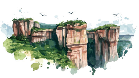 Chapada dos Veadeiros National Park. Chapada dos Veadeiros National Park hand drawn watercolor illustration on white backgroundのイラスト素材