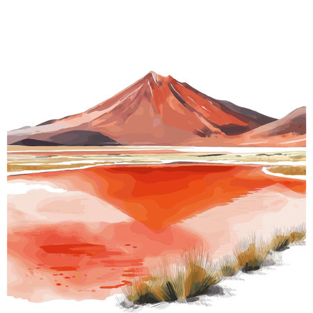 Laguna Colorado - Red Lagoon. Laguna Colorada - Red Lagoon hand drawn watercolor illustration on white backgroundのイラスト素材