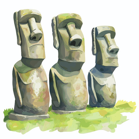 Moai Statues. Moai Statues hand drawn watercolor illustration on white backgroundのイラスト素材