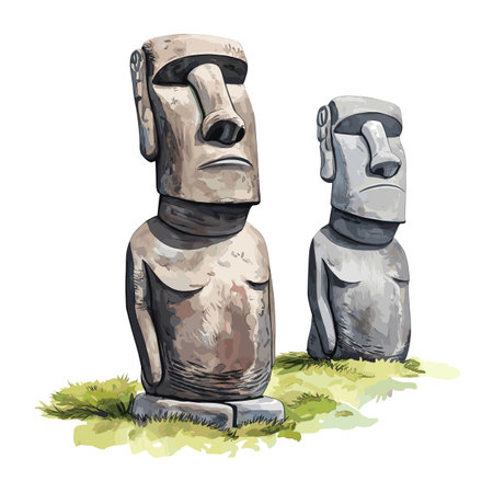 Moai Statues. Moai Statues hand drawn watercolor illustration on white backgroundのイラスト素材