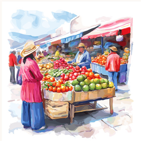 Otavalo Market. Otavalo Market hand drawn watercolor illustration on white backgroundのイラスト素材