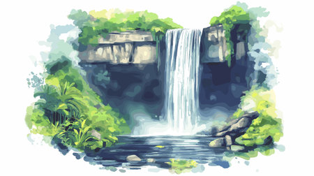 PailÃ³n del Diablo Waterfall. Pailon del Diablo Waterfall hand drawn watercolor illustration on white backgroundのイラスト素材