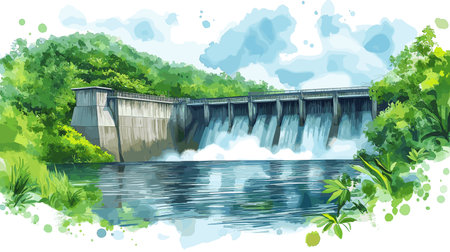Petit Saut Dam. Petit Saut Dam hand drawn watercolor illustration on white backgroundのイラスト素材