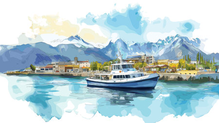 Puerto Madryn. Puerto Madryn hand drawn watercolor illustration on white backgroundのイラスト素材