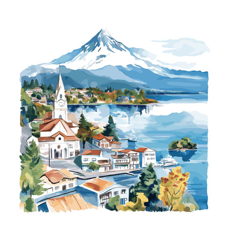 Puerto Varas. Puerto Varas hand drawn watercolor illustration on white backgroundのイラスト素材