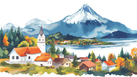 Puerto Varas. Puerto Varas hand drawn watercolor illustration on white backgroundのイラスト素材
