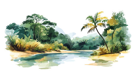 Raleighvallen Nature Reserve. Raleighvallen Nature Reserve hand drawn watercolor illustration on white backgroundのイラスト素材