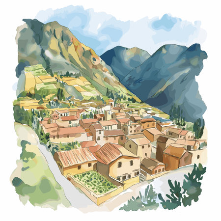 Sacred Valley. Sacred Valley hand drawn watercolor illustration on white backgroundのイラスト素材
