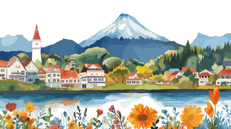 Puerto Varas. Puerto Varas hand drawn watercolor illustration on white backgroundのイラスト素材