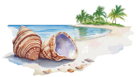 Shell Beach. Shell Beach hand drawn watercolor illustration on white backgroundのイラスト素材