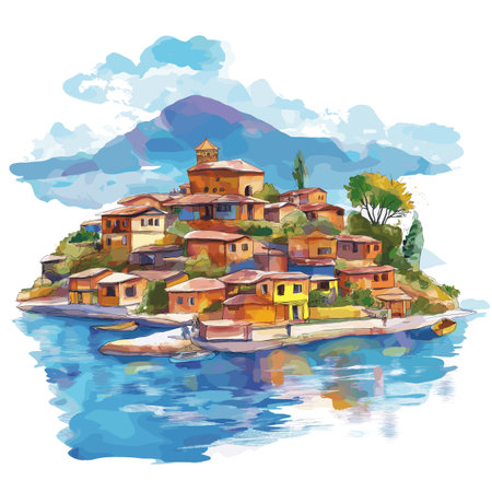 Taquile Island. Taquile Island hand drawn watercolor illustration on white backgroundのイラスト素材